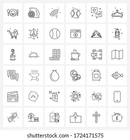 Set von 36 Symbolen für einfache Linie für Web und Print, z. B. Finanzen; Dialog; Ehefrau; Diagramm; Sport-Vektorgrafik