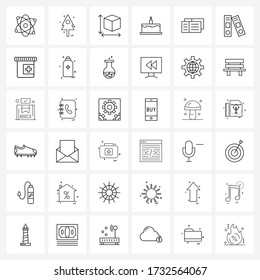 Conjunto de 36 iconos de línea simples para Web e Imprimir, como la lista; libro; dimensión; vela; Ilustración del vector de alimentación