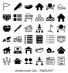 Set of 36 site filled and outline icons such as house building, structure, concrete mixer, menu, hot dog, laptop with heart, group, home, food, pen, binary code, flag