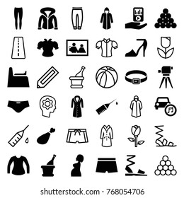 Set of 36 sketch filled and outline icons such as underpants, billiard triangle, family photo, meat leg, pregnant woman, injection rash, car music, mp3 player on hand