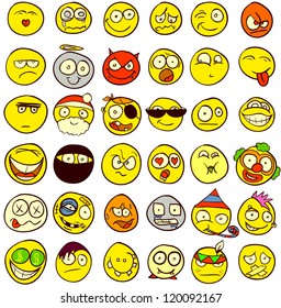 A set of 36 smileys for every taste. Done in comic doodle style.