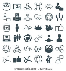 Set of 36 social filled and outline icons such as businessman, group, like, user, hospital, laptop with heart, bird, network connection, camera display