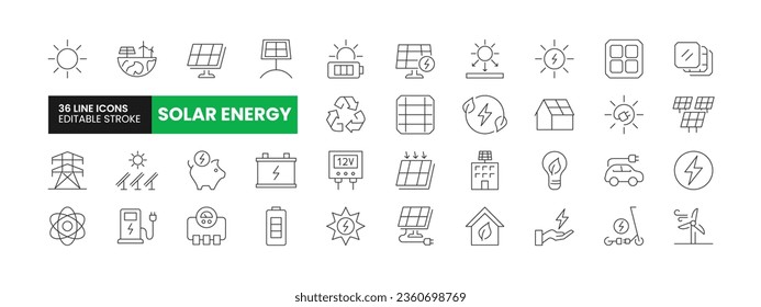 Set of 36 Solar Energy line icons set. Solar Energy outline icons with editable stroke collection. Includes Solar Panels, Battery, Turbine, Electric Car, Solar Home and More.