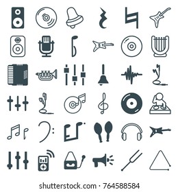 Set of 36 sound filled and outline icons such as adjust, guitar, microphone, disc on fire, equalizer, harmonic, maracas, music equalizer, earphones, pause, music note