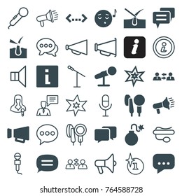 Set of 36 speech filled and outline icons such as shave hair in skin, explosion, info, emoji listening music, communication, megaphone, microphone, quotation, chat