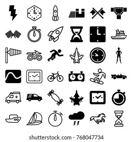 Set of 36 speed filled and outline icons such as road, clock, electricity, delivery car, cabriolet, running, crossed flags, thunderstorm, wall clock, hourglass, stopwatch