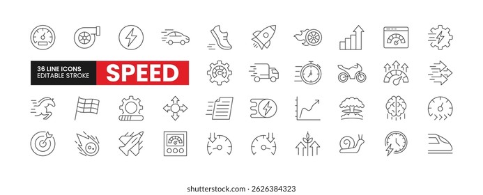 Set of 36 Speed line icons set. Speed outline icons with editable stroke collection. Includes Speedometer, Turbo, Jet, Horsepower, Performance, and More.
