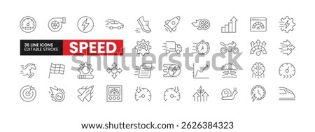 Set of 36 Speed line icons set. Speed outline icons with editable stroke collection. Includes Speedometer, Turbo, Jet, Horsepower, Performance, and More.
