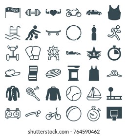 Set of 36 sport filled and outline icons such as jacket, fintess equipment, protein powder, fitness carpet, heart with muscles, car, basketball basket, 1st place star