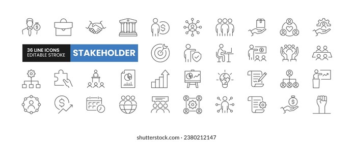 Set of 36 Stakeholder line icons set. Stakeholder outline icons with editable stroke collection. Includes Project, Growth, Investor, Report, Presentation, and More.