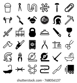 Set of 36 steel filled and outline icons such as nippers, circular saw, hook, pliers, chain saw, barbell, cargo height, clip, hammer, knight, wire fence, dish