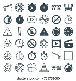Set of 36 stop filled and outline icons such as airport bus, no phone, barrier, stopwatch, no smoking, clock, play, warning, cone, hands, stop, exclamation point