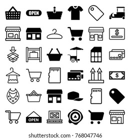 Set of 36 store filled and outline icons such as money, shopping basket, shopping cart, store, fast food cart, credit card, arrow up, tag, shopping bag, open, open plate