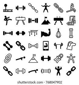 Set of 36 strength filled and outline icons such as barbell, chain, dumbbell, fitness equipment, man doing exercises, muscle, push up, bodybuilder, muscular arm  on phone