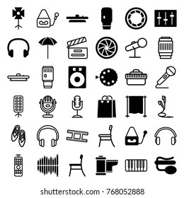 Set of 36 studio filled and outline icons such as speaker, pin microphone, microphone, sliders, equalizer, headset, camera shutter, camera lens, studio umbrella, soft box