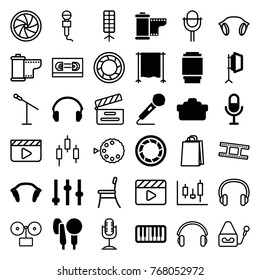 Set of 36 studio filled and outline icons such as adjust, microphone, piano, earphones, camera shutter, camera tape, soft box, studio curtain, shopping bag, gramophone