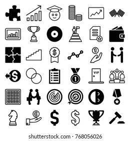 Set of 36 success filled and outline icons such as puzzle, auction hummer, laughing emot, wallet, checklist, line graph, businessman shaking hands, medal, trophy