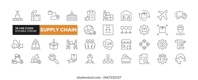 Set of 36 Supply Chain line icons set. Supply Chain outline icons with editable stroke collection. Includes Logistics, Management, Retailer, Cargo Ship, Labour, and More.