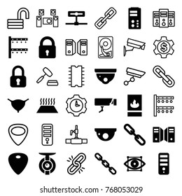 Set of 36 system filled and outline icons such as lock, security camera, cpu, irrigation system, bladder, chain, guitar mediator, server, camera, fire protection, eye scan