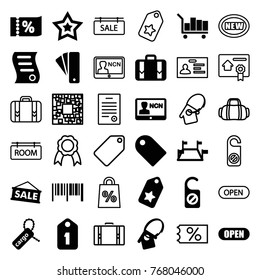 Set of 36 tag filled and outline icons such as tag, barcode, locations, sale, luggage, bill of house sell, open, badge, do not disturb, new, ticket on sale, qr code, ribbon