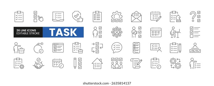 Set of 36 Task line icons set. Task outline icons with editable stroke collection. Includes Planning, Checkbox, Deadline, Office Work, Action Plan, and More.
