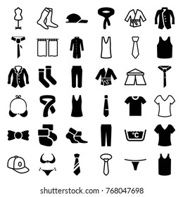 Set of 36 textile filled and outline icons such as bikini, shirt, socks, singlet, tie, pants, jacket, bow tie, kimono, t-shirt, tent, mannequin, baseball cap, curtain