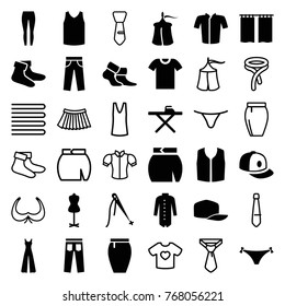 Set of 36 textile filled and outline icons such as ironing table, mannequin, socks, jacket, sleeveless shirt, jumpsuit, skirt, baseball cap, sewing, curtain, t-shirt, tent