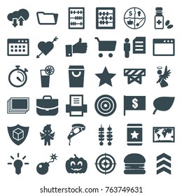Set of 36 thin filled icons such as barrier, photos, case, abacus, folder, star, shopping bag, flag with dollar, burger, world map, leaf, heart with arrow, pizza