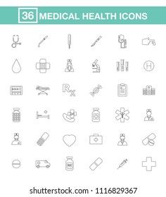 Set of 36 thin line and black icons. Medical and health care.