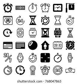 Set of 36 time filled and outline icons such as clock, calendar, time, hourglass, wrist dial watch, digital clock, alarm, stopwatch, 24 hours, wrist watch, 24 hours support