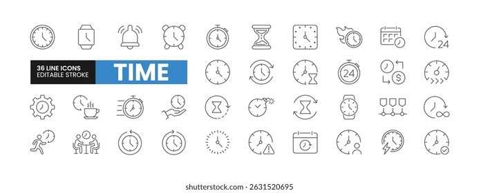 Conjunto de 36 ícones de linha relacionados ao tempo. Ícones de estrutura de tópicos de tempo com coleção de traçados editável. Inclui Relógio, Linha do Tempo, Prazo Final, Cronômetro, Alarme e Muito Mais.