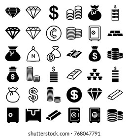 Set of 36 treasure filled and outline icons such as coin, safe, money sack, diamond, gold, sack, safe, coin, dollar coin, gem, money bag
