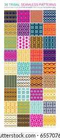 Set of 36 tribal seamless patterns. Indian geometric backgrounds. Stylish Navajo fabric. Modern abstract Wallpaper. Vector illustration. Colour version