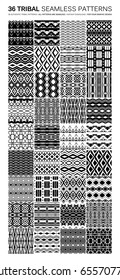 Set of 36 tribal seamless patterns. Indian geometric backgrounds. Stylish Navajo fabric. Modern abstract Wallpaper. Vector illustration. Black and white version