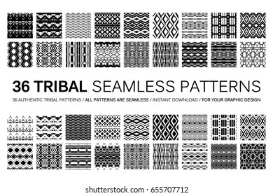 Set of 36 tribal seamless patterns. Indian geometric backgrounds. Stylish Navajo fabric. Modern abstract Wallpaper. Vector illustration. Black and white version