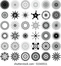 A set of 36 unique, intricate spiral design elements in vector format.