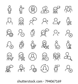 Set of 36 user thin line icons. High quality pictograms of person. Modern outline style icons collection. People, avatar, business, human, etc.