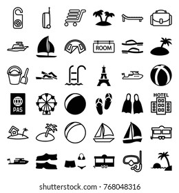 Set of 36 vacation filled and outline icons such as eiffel tower, flip flops, boat, slippers, sailboat, ferris wheel, plastic ball, trailer, swimsuit, palm, flippers, island