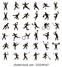 Set of 36 vector black sport icons on white background