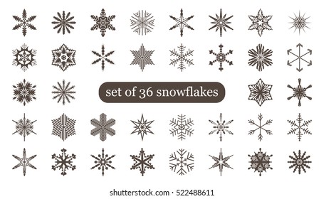A set of 36 vector blue snowflakes on a white background. Snowflake set for winter design. Vector illustration