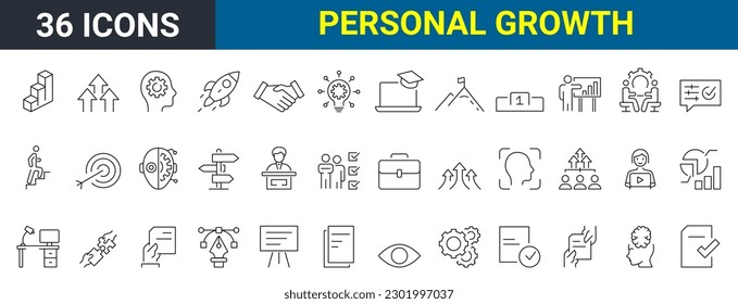 set of 36 vector line icons related to personal growth. Contains such Icons as Newbie, Skill Improvement, Professional Burnout and more. Editable stroke