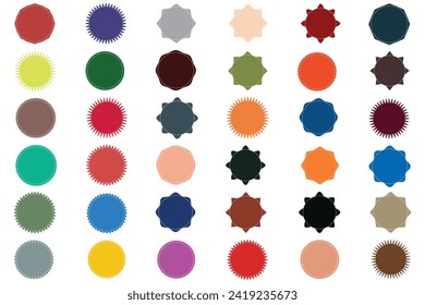 Set of 36 vector starburst, sunburst badges. Vintage labels. Colored stickers. A collection of different types and colors icon. Vector illustration. EPS file 170.