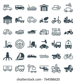 Set of 36 vehicle filled and outline icons such as van, car wash, truck with hook, tractor, sailboat, rocket, forklift, ambulance, garage, helicopter, car, tank, toy car