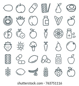 Set of 36 vitamin outline icons such as wheat, strawberry, orange, apple, pear, peach, peas, spinach, cauliflower, lemon, paints, lemon, carrot on fork, raspberry, pill