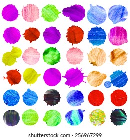 Set of 36 watercolor circles. Nice watercolor round shaped vector spots.