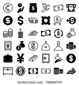 Set of 36 wealth filled and outline icons such as money, atm money withdraw, purse, coin on hand, illustrgeneric currencyation, yuan, dollar coin, gold bar, crown, sack