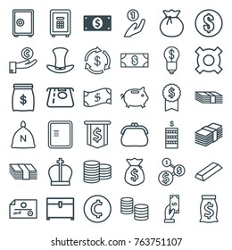 Set of 36 wealth outline icons such as money dollar, sack, atm, coin, money, payment, gold, chest, purse, coin, safe, check, dollar sign, illustrgeneric currencyation, hat