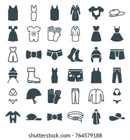 Set of 36 wear filled and outline icons such as baby cap, glove, overcoat, man underwear, dress, bow tie, underwear with heart, helmet, swimsuit, sun hat, baby onesie, jacket