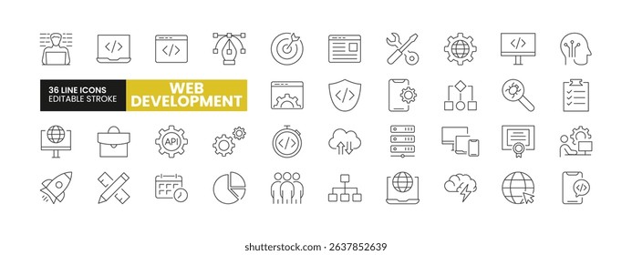 Set of 36 Web Development line icons set. Web Development outline icons with editable stroke collection. Includes Coding, Web Design, Brainstorming, Tools, Maintenance and More.