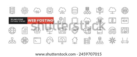 Set of 36 Web Hosting line icons set. Web Hosting outline icons with editable stroke collection. Includes DNS, Database, Cloud Computing, Global Network, Speed Optimization, and More.